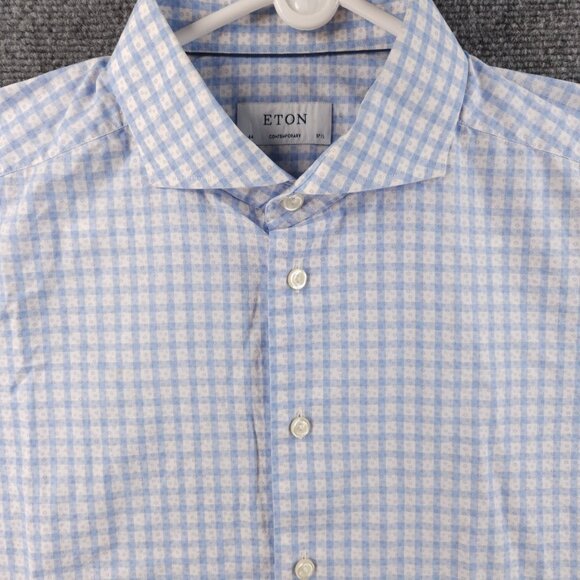 Eton 17.5 Poplin Contemporary Check Geometric Cotton Blue Convertible Cuff Men - Picture 2 of 16